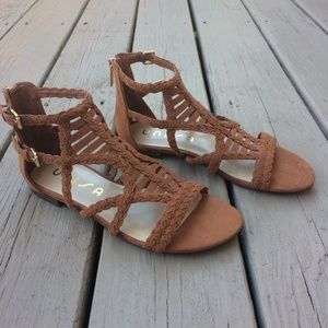Unisa Braided Strappy Flat Sandals in Tan Brown